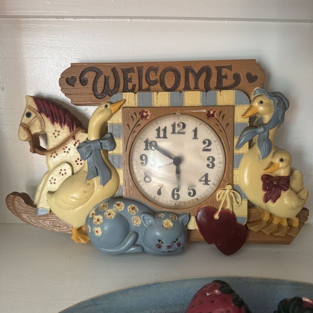 VTG 1986 Burwood Welcome Wall Clock New Haven Quartz Farm Goose Cat USA Cottage
